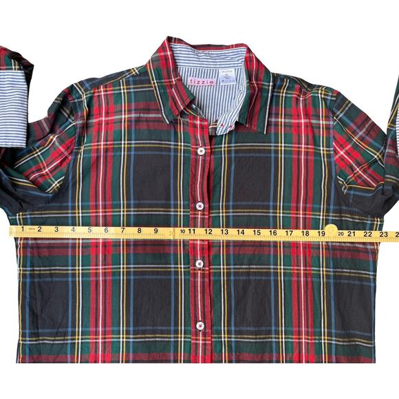 Tizzie Red Green Plaid Button Down Cotton Long Sleeve Striped Cuffs – XL - Picture 6 of 8